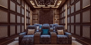 uxury home cinema room featuring 4K ultra-HD projector, immersive surround sound system, acoustic panels, and plush reclining seating, designed for an unparalleled cinematic experience